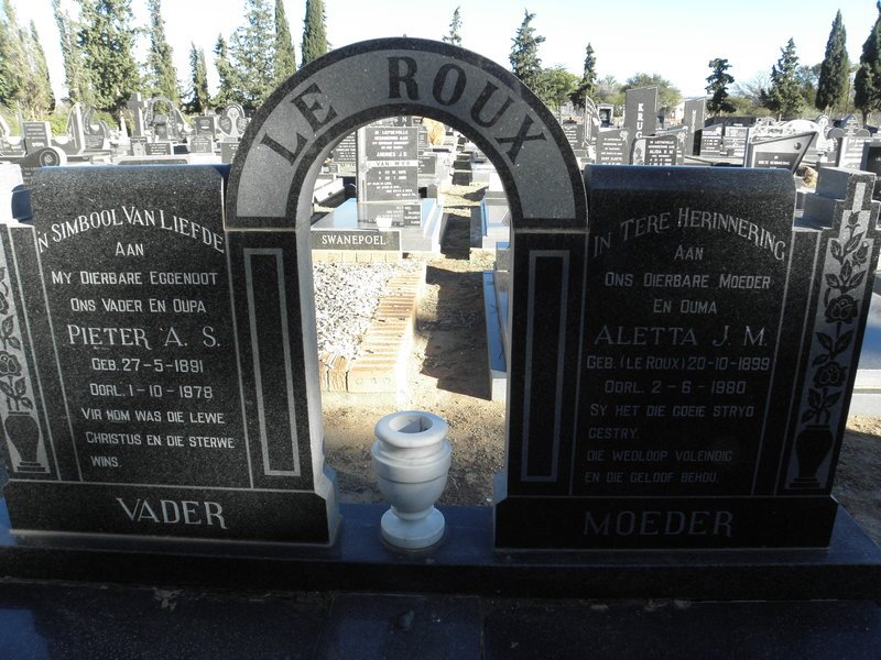 ROUX Pieter A.S., Le 1891-1978 &amp; Aletta J.M. 1899-1980 