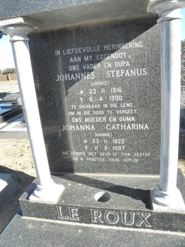 ROUX Johannes Stefanus, Le 1916-1990 &amp; Johanna Catharina 1925-1997