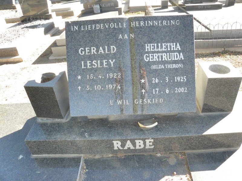 RABE Gerald Lesley 1922-1974 &amp; Helletha Gertruida THERON 1925-2002