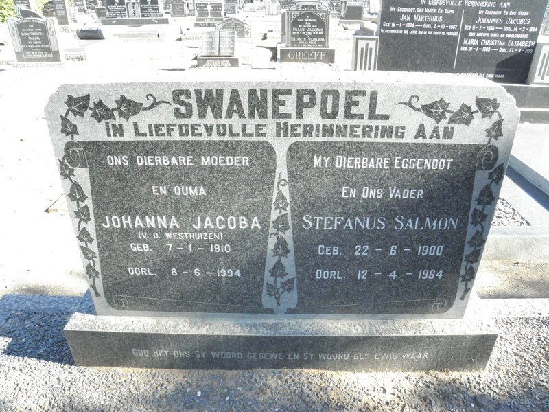 SWANEPOEL Stefanus Salmon 1900-1964 &amp; Johanna Jacoba V.D. WESTHUIZEN 1910-1994