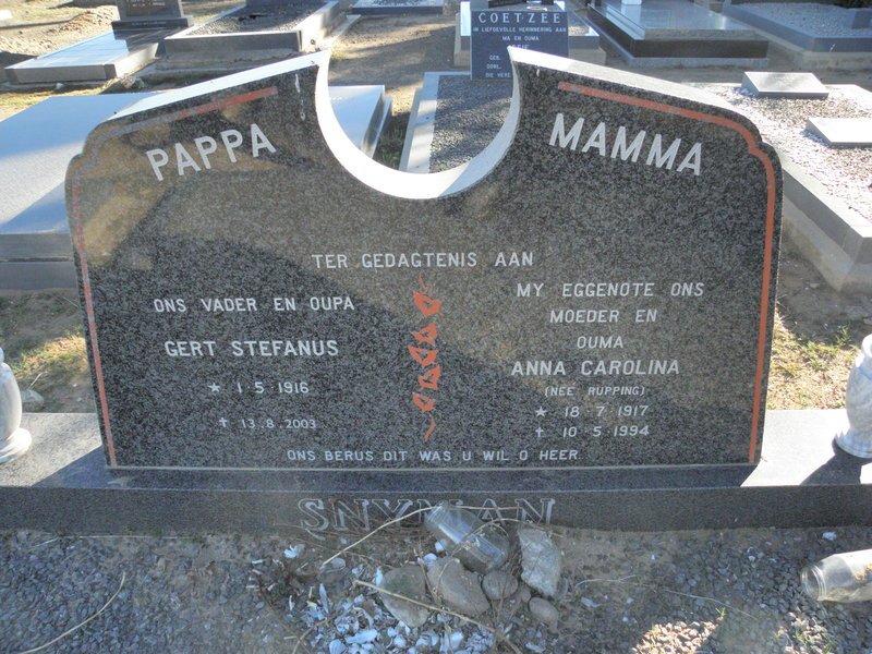 SNYMAN Gert Stefanus 1916-2003 &amp; Anna Carolina RUPPING 1917-1994