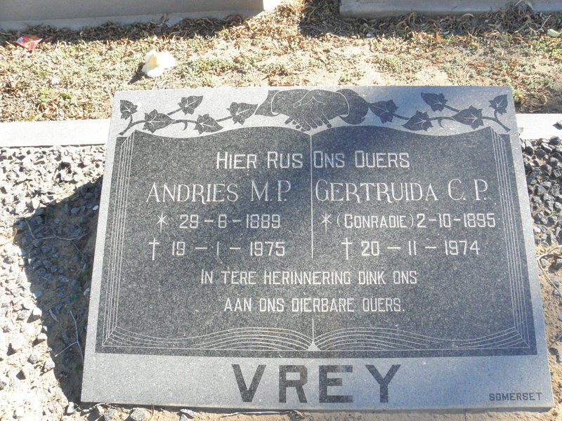VREY Andries M.P. 1889-1975 &amp; Gertruida C.P. CONRADIE 1895-1974
