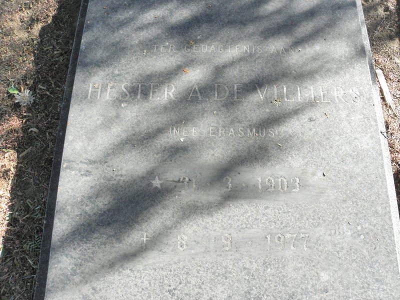 VILLIERS Hester A., de nee ERASMUS 1903-1977