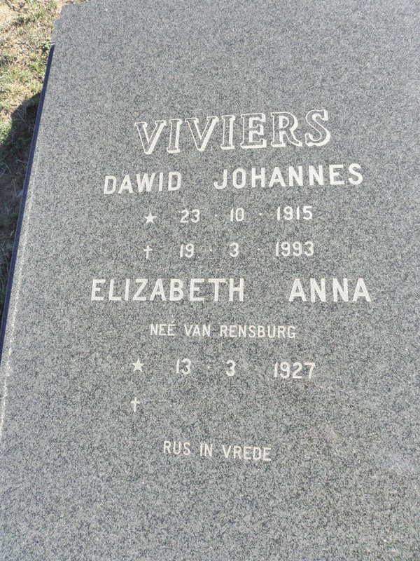 VIVIERS Dawid Johannes 1915-1993 &amp; Elizabeth Anna VAN RENSBURG 1927-