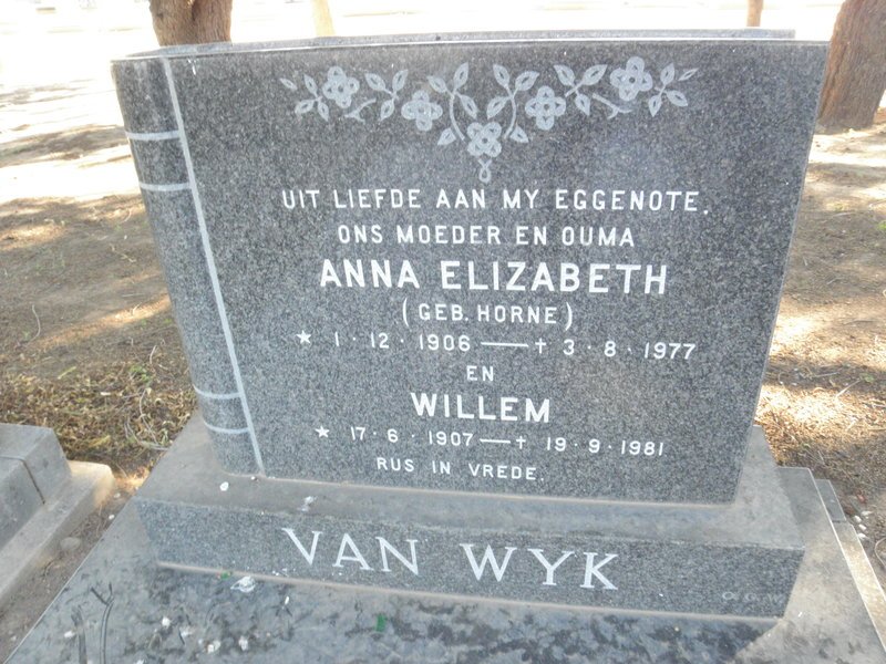 WYK Willem, van 1907-1981 &amp; Anna Elizabeth HORNE 1906-1977