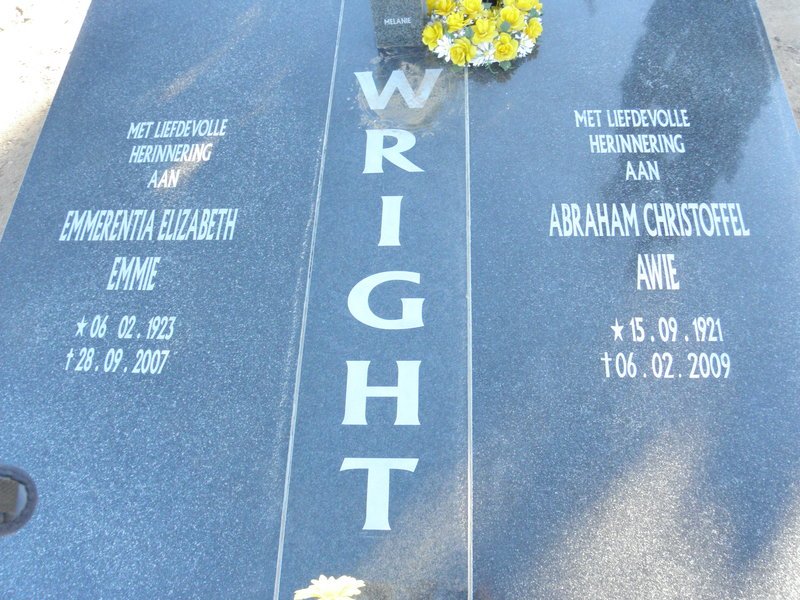 WRIGHT Abraham Christofffel 1921-2009 &amp; Emmerentia Elizabeth 1923-2007
