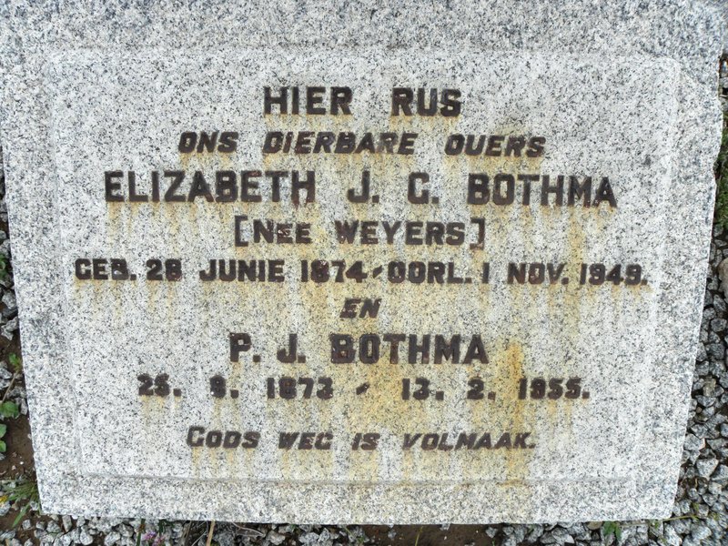 BOTHMA P.J. 1873-1955 &amp; Elizabeth J.C. WEYERS 1874-1949