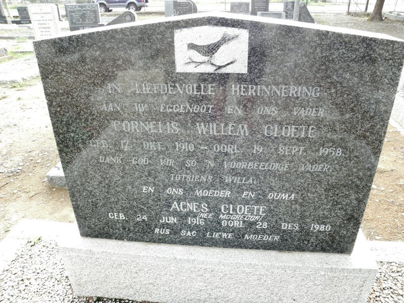 CLOETE Cornelis Willem 1910-1958 &amp; Agnes McGREGOR 1916-1980