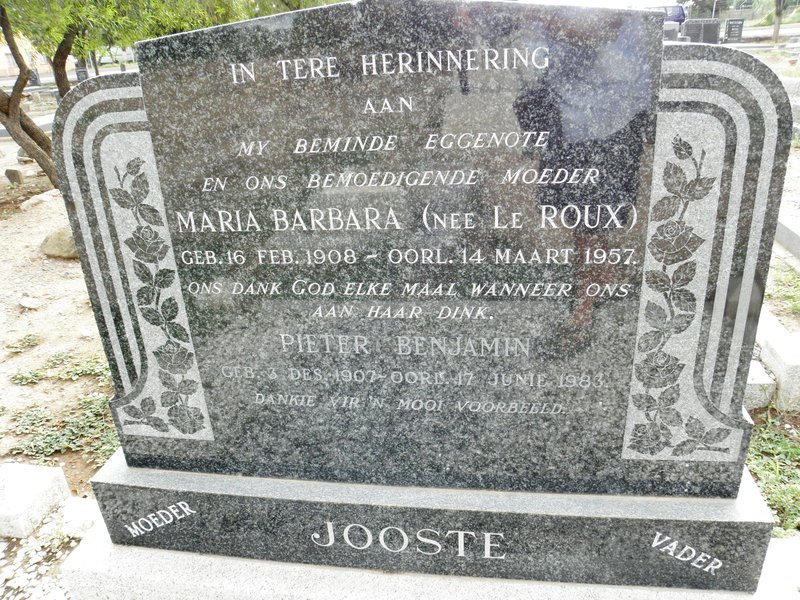 JOOSTE Pieter Benjamin 1907-1983 &amp; Maria Barbara le ROUX 1908-1957