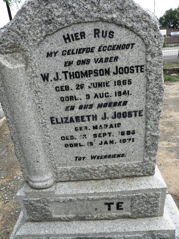 JOOSTE W.J. Thompson 1865-1941 &amp; Elizabeth MARAIS 1886-1971