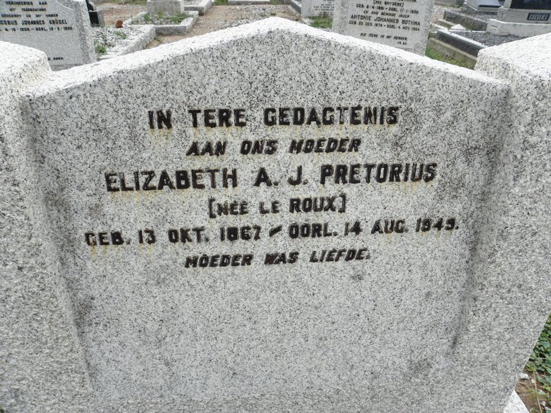 PRETORIUS Elizabeth A.J. nee le ROUX 1867-1949