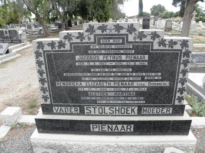 PIENAAR Jacobus Petrus 1863-1941 &amp; Hendrieka Elizabeth DORMEHL 1866-1964 :: PIENAAR Aletha Martina 1903-1987