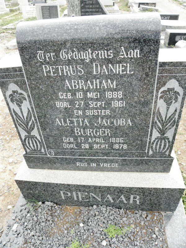 PIENAAR Petrus Daniel Abraham 1888-1961 :: BURGER Aletta Jacoba 1886-1978 