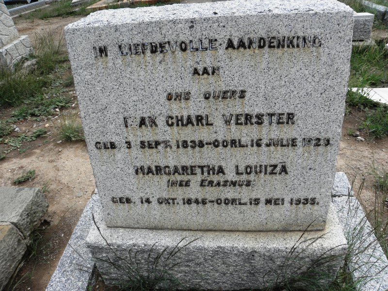 VERSTER Izak Charl 1838-1929 &amp; Margaretha Louiza ERASMUS 1846-1935