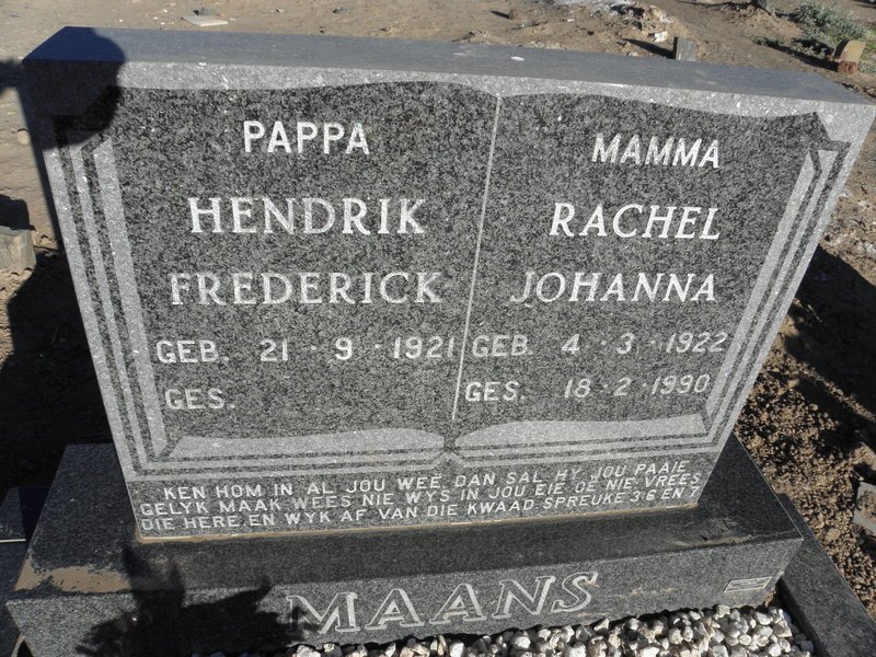 MAANS Hendrik Frederick 1921- &amp; Rachel Johanna 1922-1990