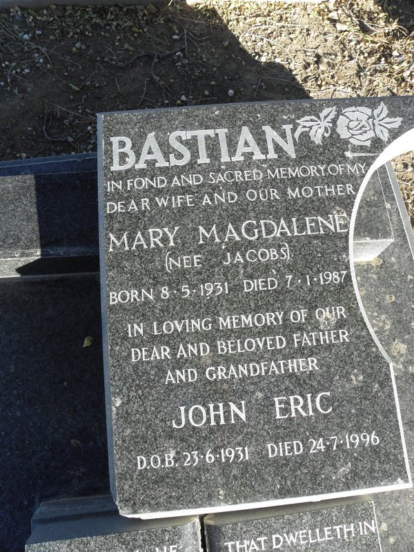 BASTIAN John Eric 1931-1996 &amp; Mary Magdalene JACOBS 1931-1987