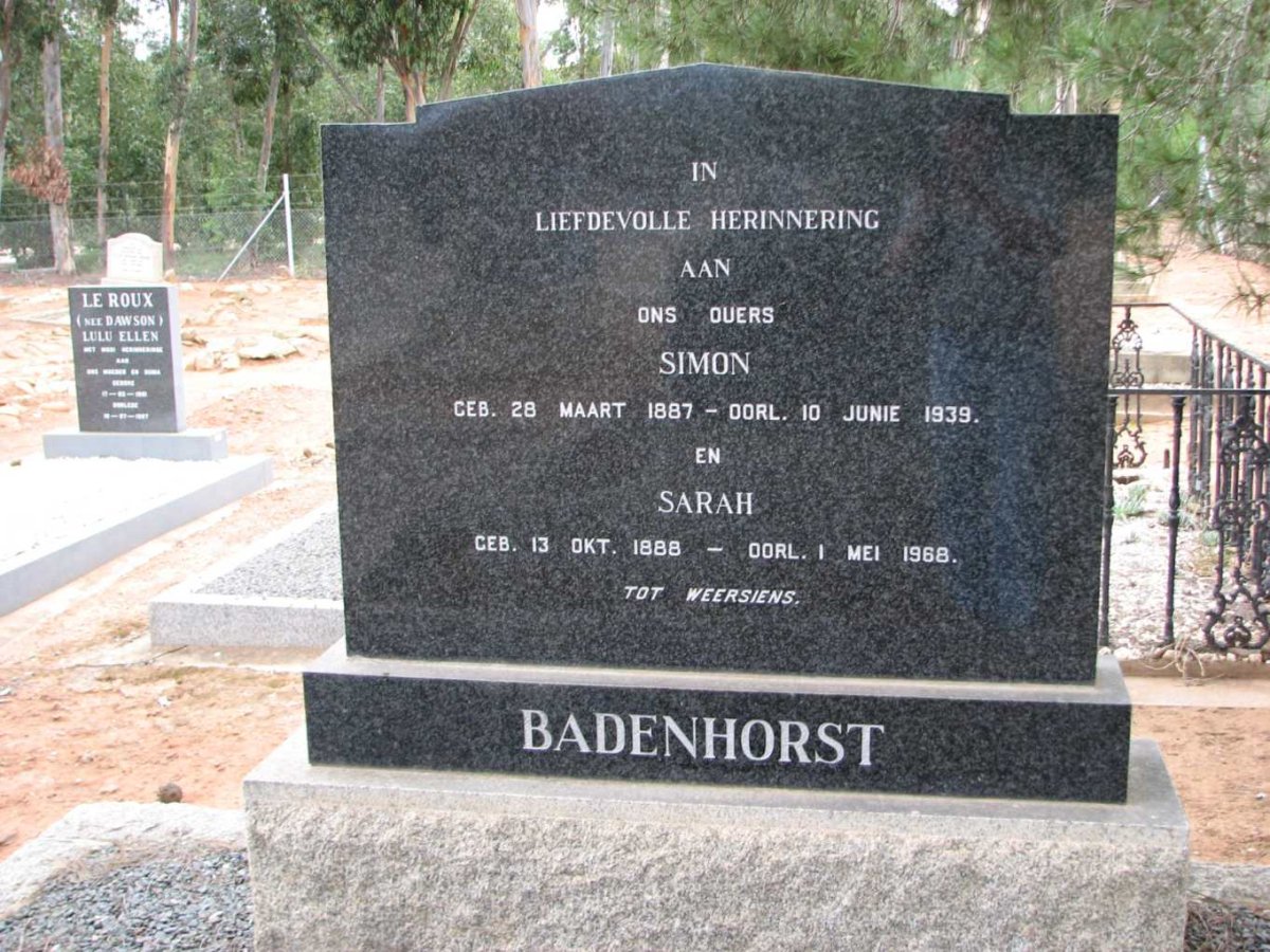BADENHORST Simon 1887-1939 &amp; Sarah 1888-1968