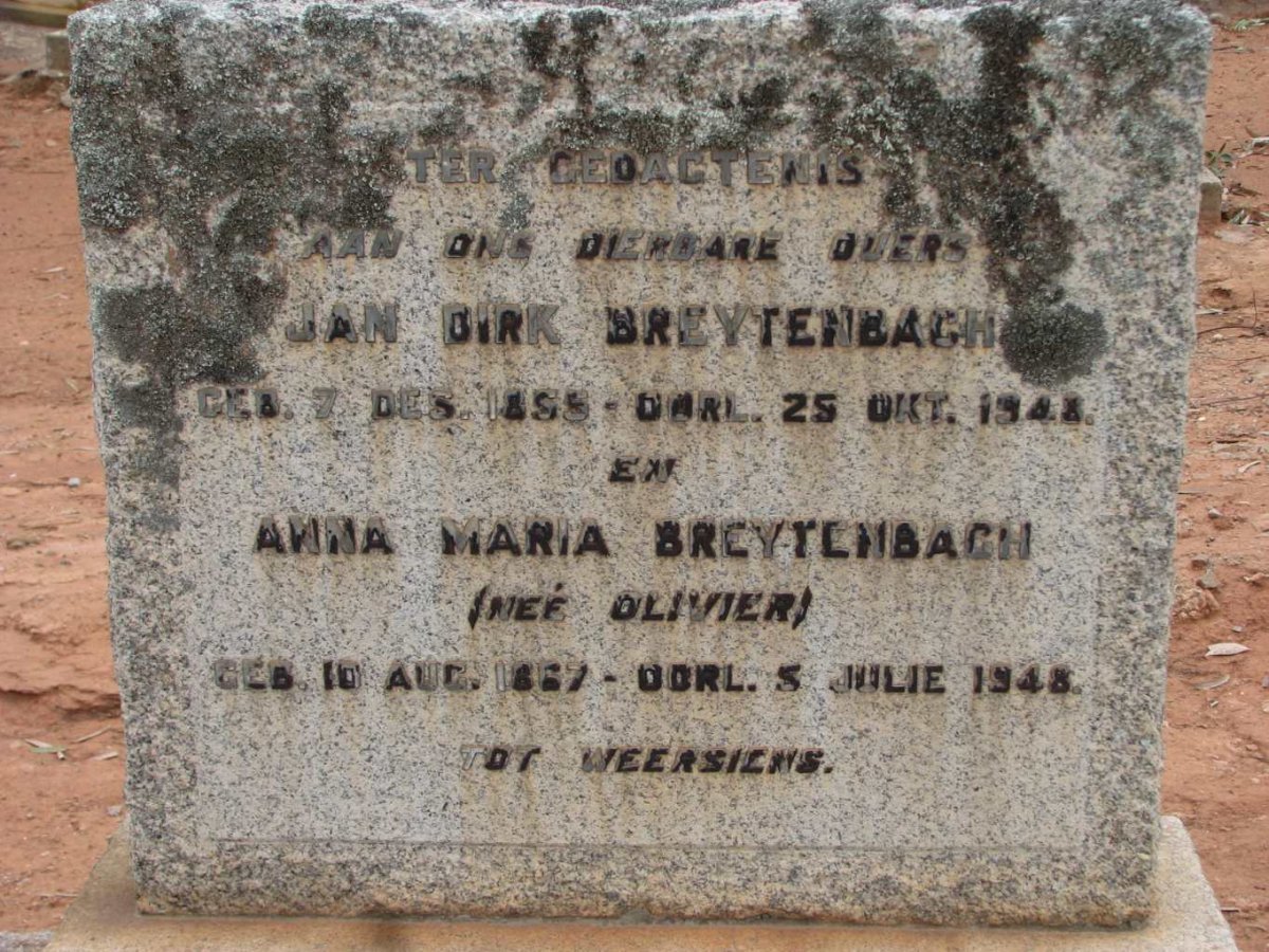 BREYTENBACH Jan Dirk 1855-1948 &amp; Anna Maria OLIVIER 1867-1948
