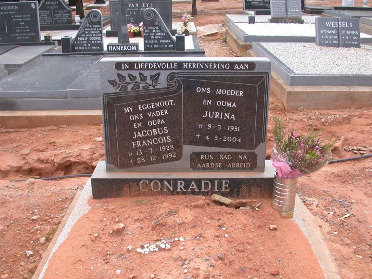 CONRADIE Jacobus Francois 1928-1992 &amp; Jurina 1931-2004