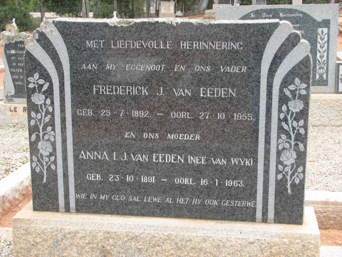 EEDEN Frederick J., van 1892-1955 &amp; Anna I.J. VAN WYK 1891-1963