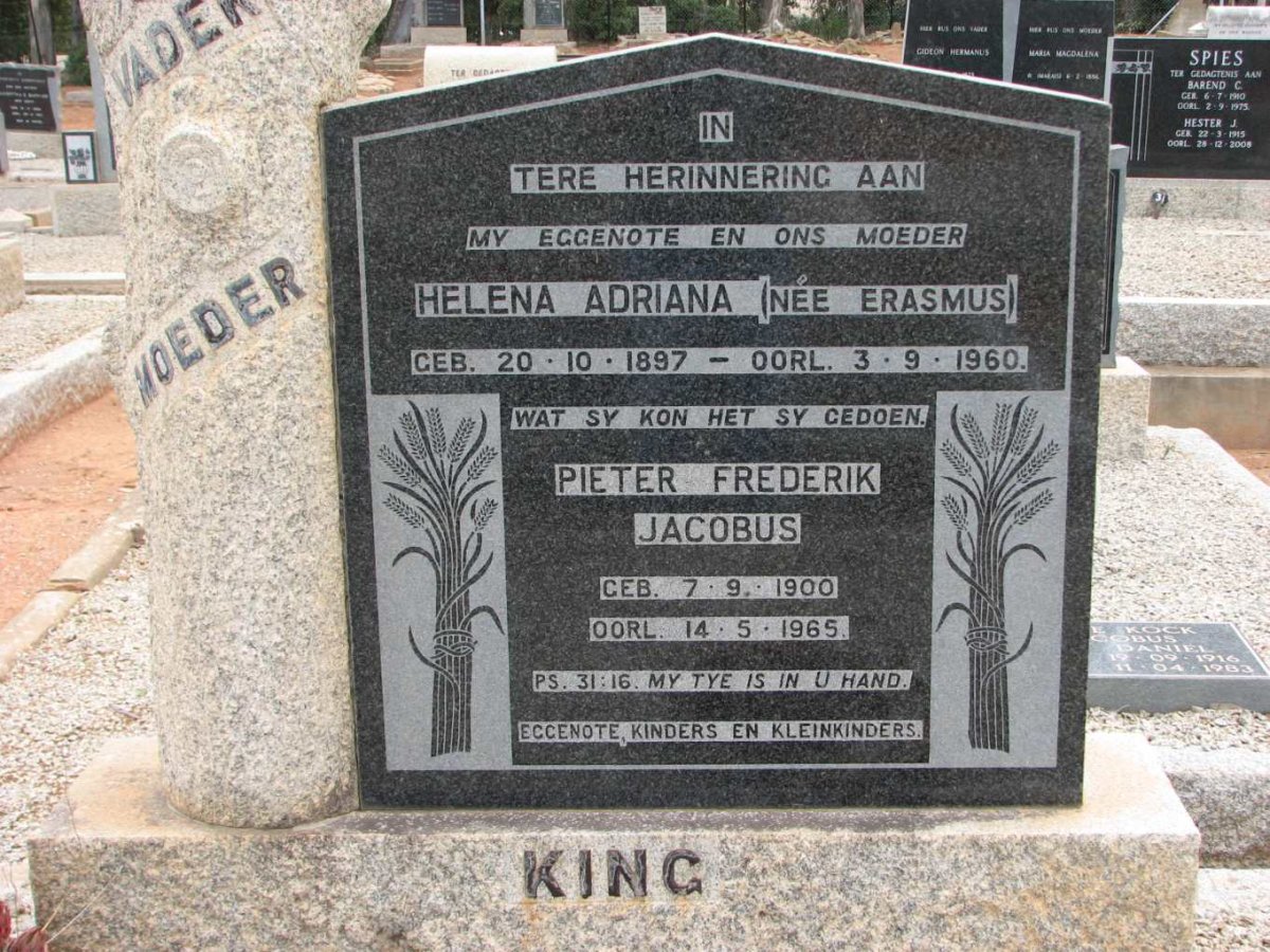 KING Pieter Frederik Jacobus 1900-1965 &amp; Helena Adriana ERASMUS 1897-1960