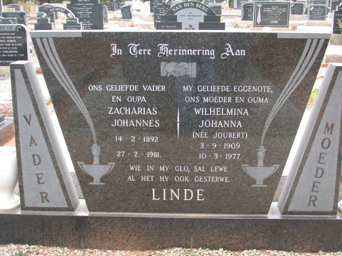 LINDE Zacharias Johannes 1892-1981 &amp; Wilhelmina Johanna JOUBERT 1909-1977