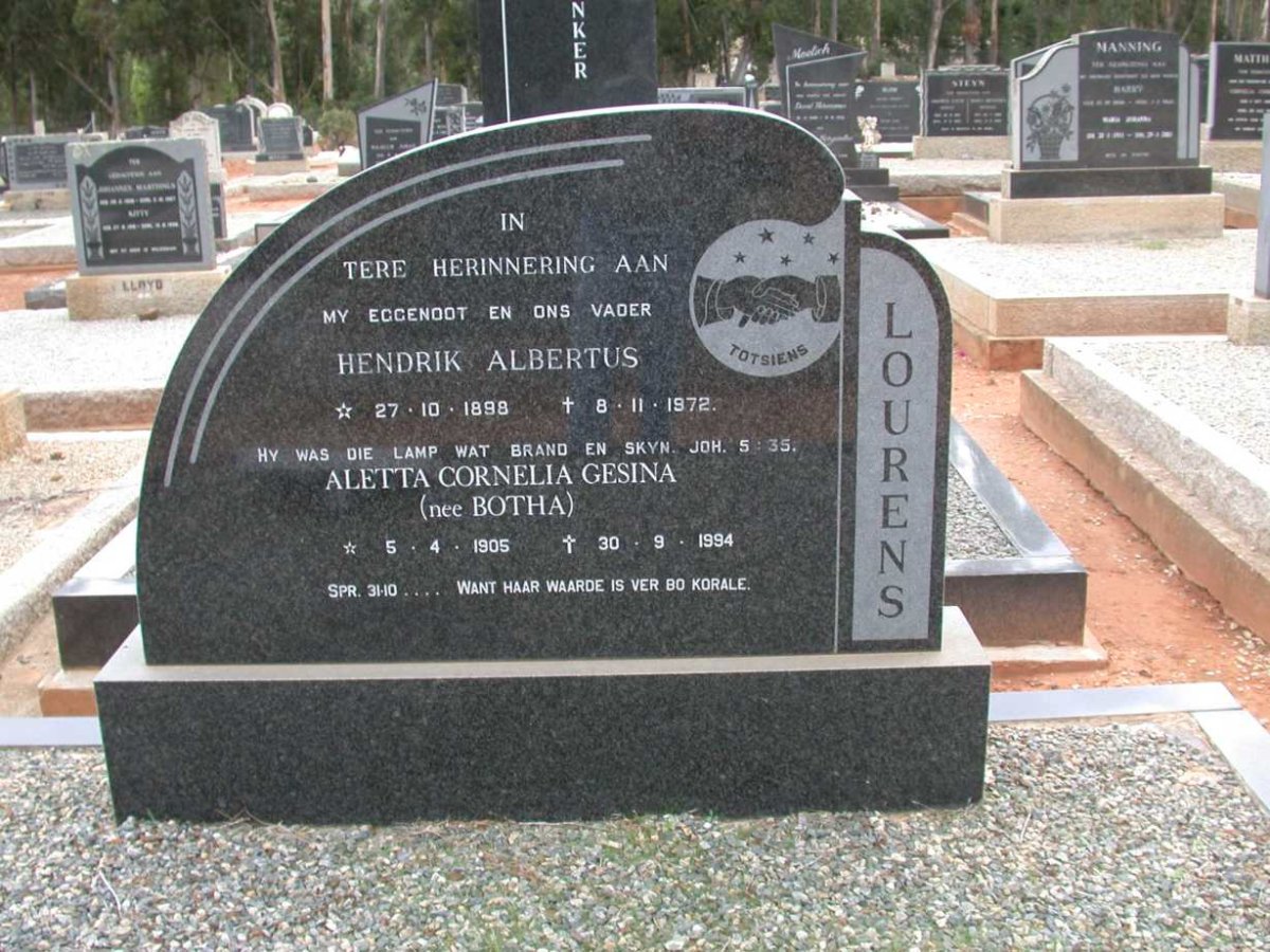 LOURENS Hendrik Albertus 1898-1972 &amp; Aletta Cornelia Gesina BOTHA 1905-1994