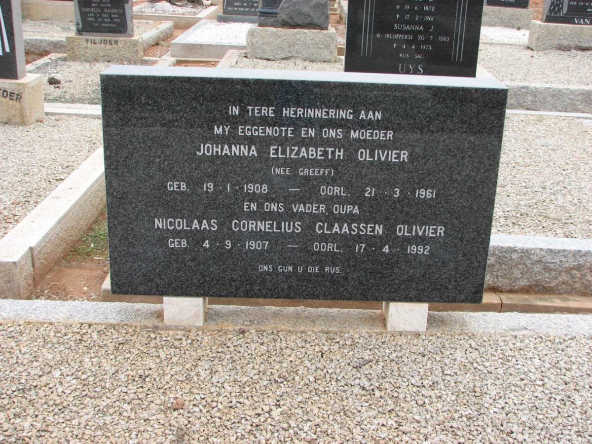 OLIVIER Nicolaas Cornelius Claassen 1907-1992 &amp; Johanna Elizabeth GREEFF 1907-1961