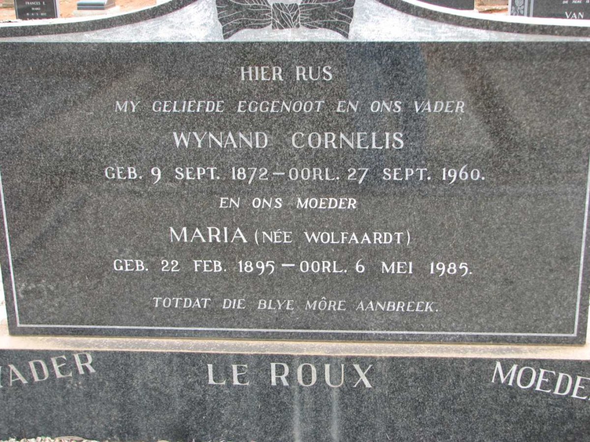 ROUX Wynand Cornelis, le 1872-1960 &amp; Maria WOLFAARDT 1895-1985