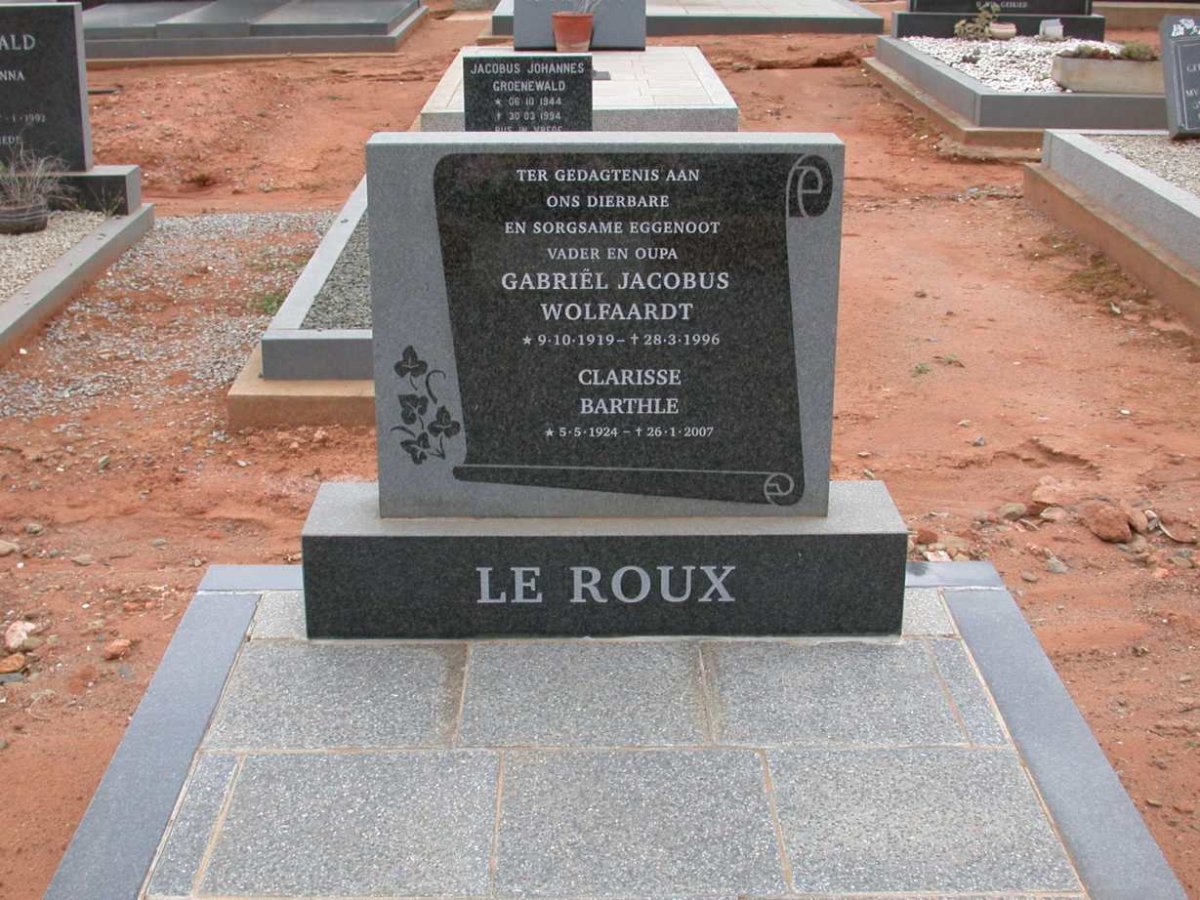 ROUX Gabriël Jacobus Wolfaardt, le 1919-1996 &amp; Clarisse Barthle 1924-2007