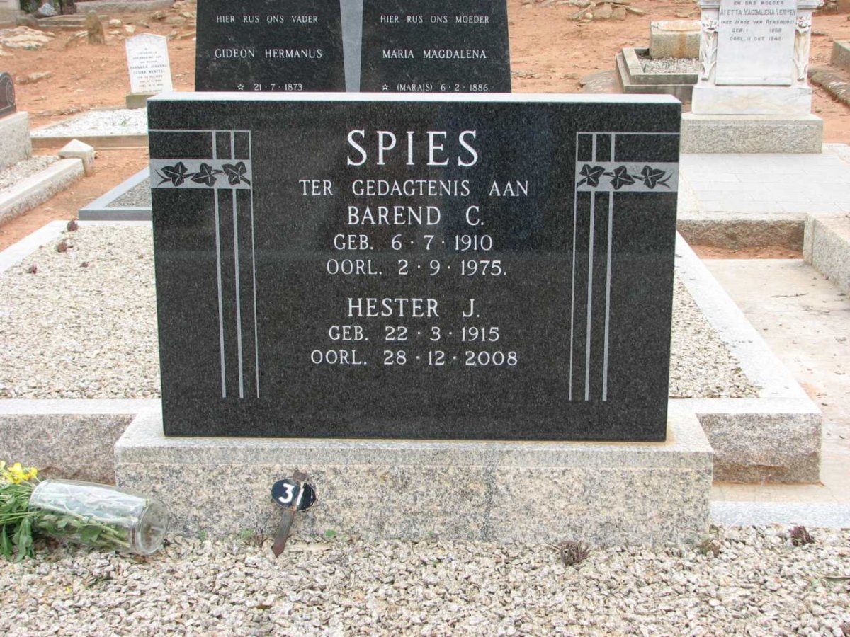 SPIES Barend C. 1910-1975 &amp; Hester J. 1915-2008