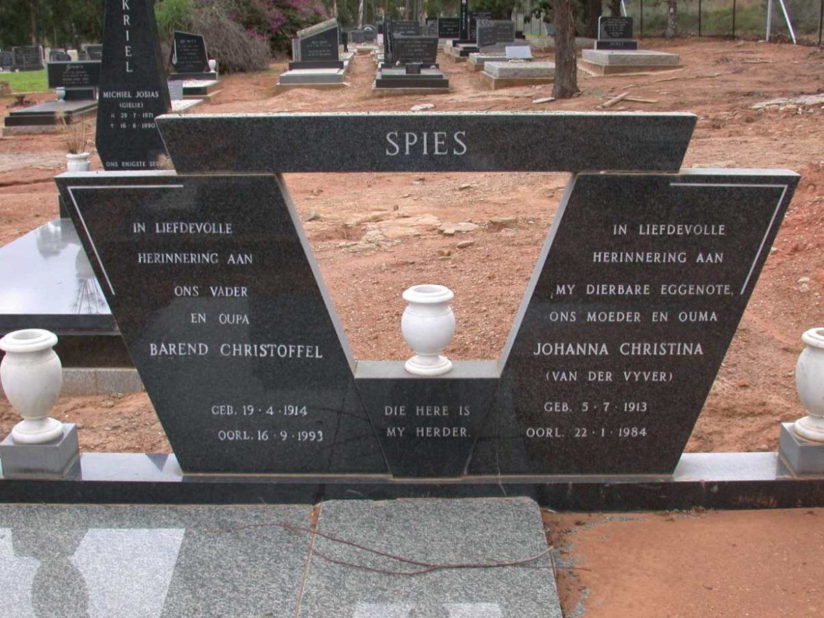 SPIES Barend Christoffel 1914-1993 &amp; Johanna Christina VAN DER VYVER 1913-1984