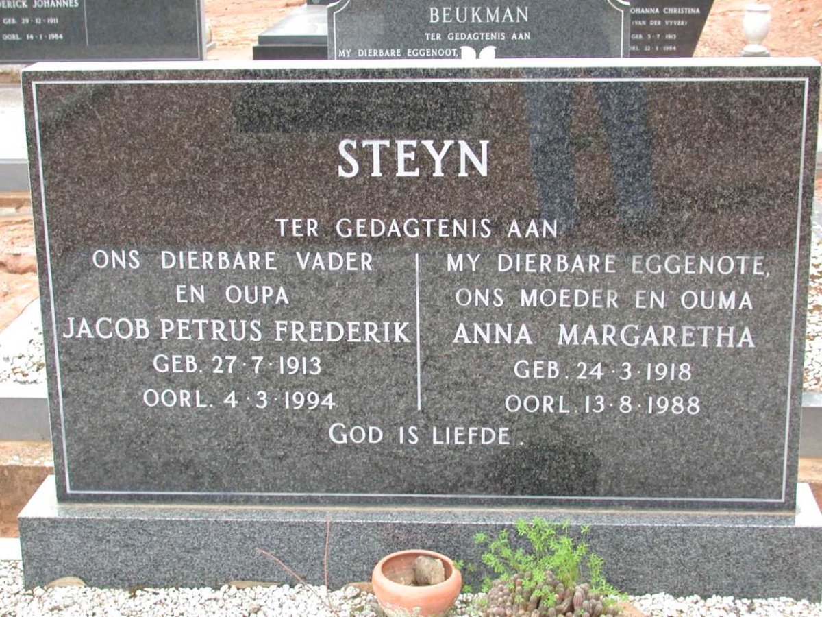 STEYN Jacob Petrus Frederik 1913-1994 &amp; Anna Margaretha 1918-1988