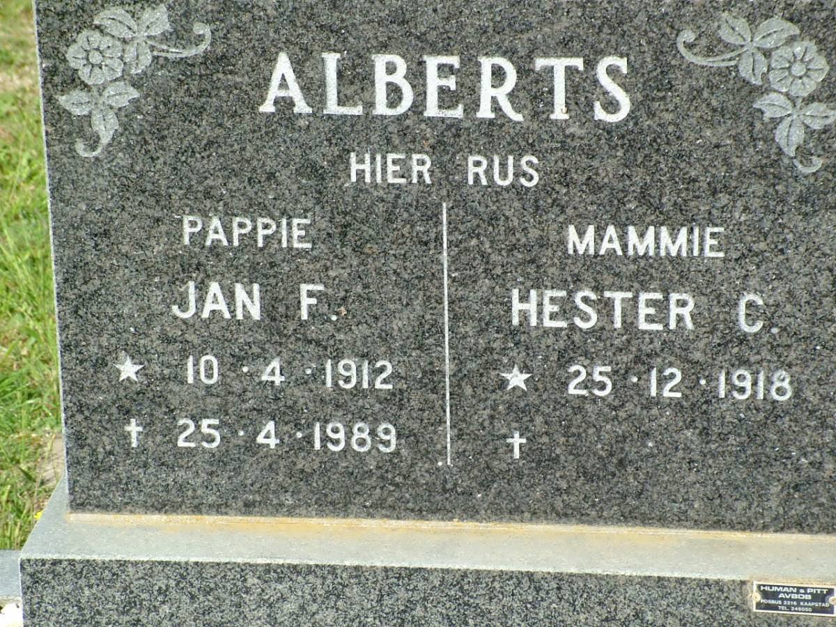 ALBERTS Jan F. 1912-1989 &amp; Hester C. 1918-
