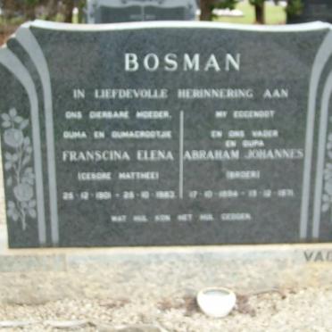 BOSMAN Abraham Johannes 1894-1971 &amp; Franscina Elena MATTHEE 1901-198?