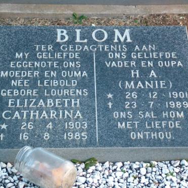 BLOM H.A. 1901-1989 &amp; Elizabeth Catharina LEIBOLD nee LOURENS 1903-1985