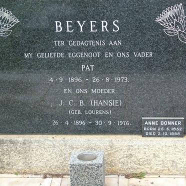 BEYERS Pat 1896-1973 &amp; J.C.B. LOURENS 1896-1976 :: BONNER Anne 1952-1998