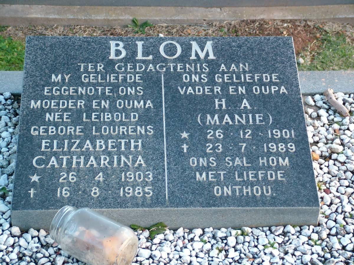 BLOM H.A. 1901-1989 &amp; Elizabeth Catharina LEIBOLD nee LOURENS 1903-1985
