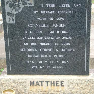 MATTHEE Cornelius Jansen 1909-1967 &amp; Hendrika Cornelia Jacoba DU PLESSIS 1911-1977