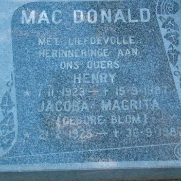 MacDONALD Henry 1923-1987 &amp; Jacoba Magrita BLOM 1925-1987