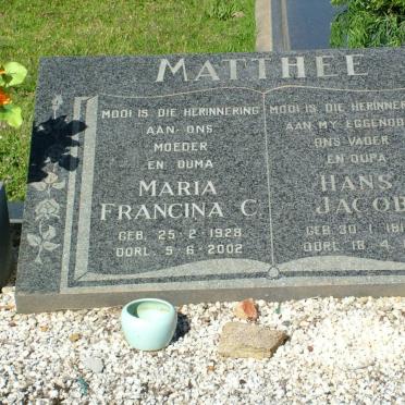 MATTHEE Hans Jacob 1915-1992 &amp; Maria Francina C. 1928-2002