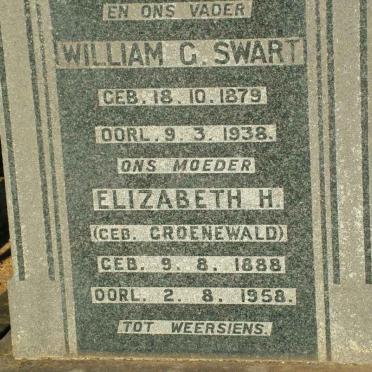 SWART Willem G. 1879-1938 &amp; Elizabeth H. GROENEWALD 1888-1958