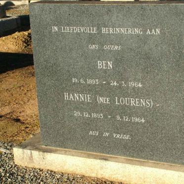 TALJAARD Ben 1893-1964 &amp; Hannie LOURENS 1893-1964