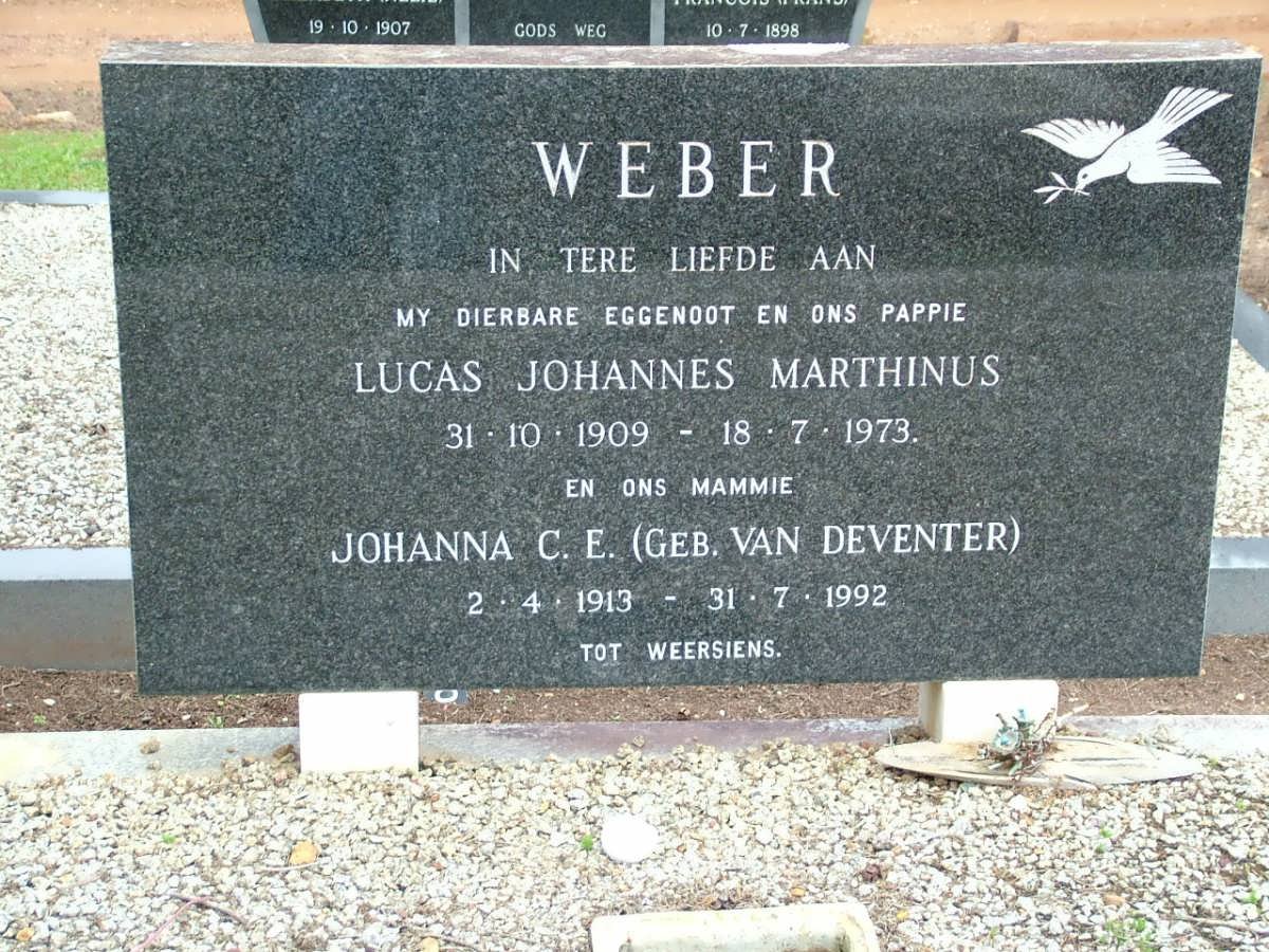 WEBER Lucas Johannes Marthinus 1909-1973 &amp; Johanna C.E. VAN DEVENTER 1913-1992