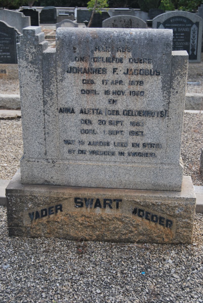 SWART Johannes F. Jacobus 1879-1950 &amp; Anna Aletta GELDENHUYS 1883-1953