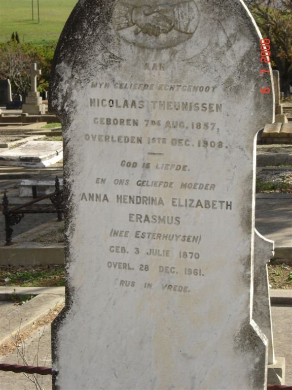 THEUNISSEN Nicolaas 1857-1908 &amp; Anna Hendrina ERASMUS nee ESTERHUYSEN 1870-1961