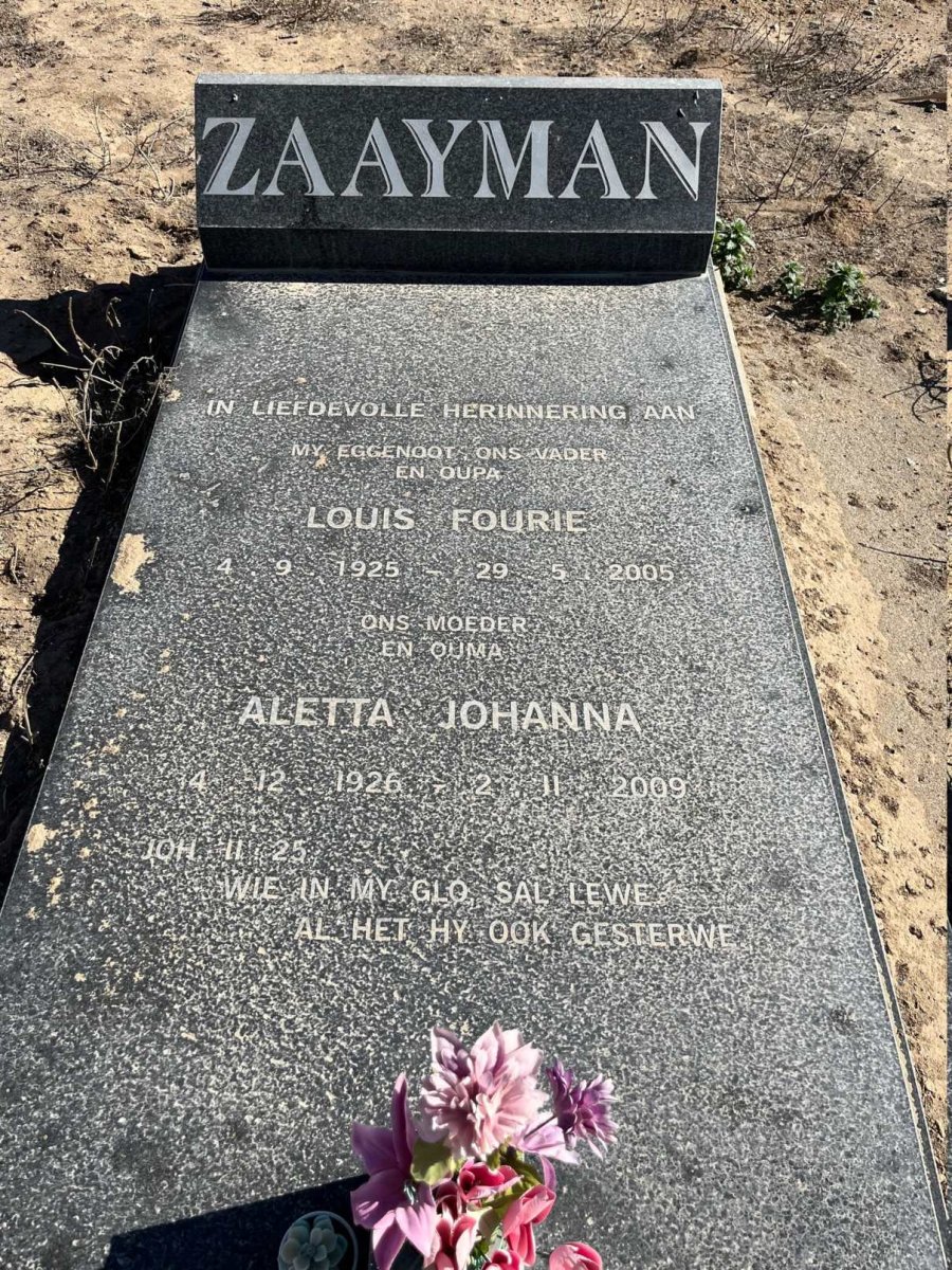 ZAAYMAN Louis Fourie 1925-2005 &amp; Aletta Johanna 1926-2009