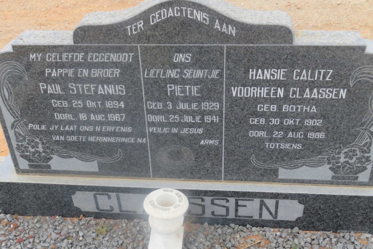 CLAASSEN Paul Stefanus 1894-1967 &amp; Hansie CALITZ nee BOTHA 1902-1986 :: CLAASSEN Pietie 1929-1941