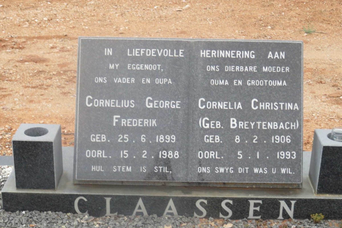 CLAASSEN Cornelius George Frederik 1899-1988 &amp; Cornelia Christina BREYTENBACH 1906-1993