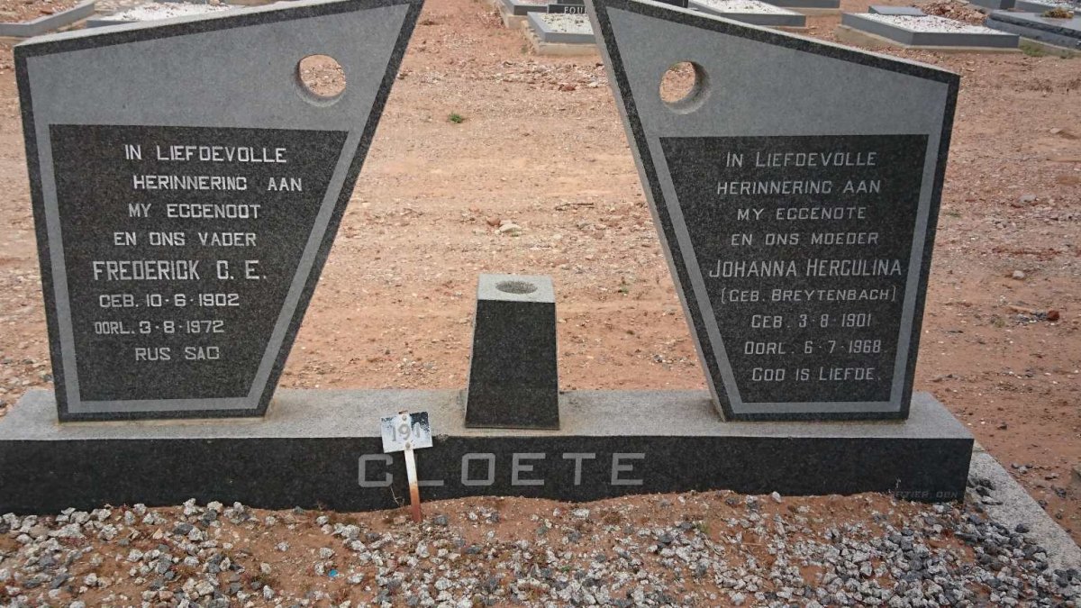 CLOETE Frederick C.E. 1902-1972 &amp; Johanna Herculina BREYTENBACH 1901-1968